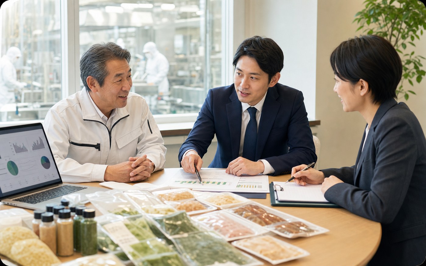 食品会社の資料と製品サンプルを確認しながら事業承継を相談する様子