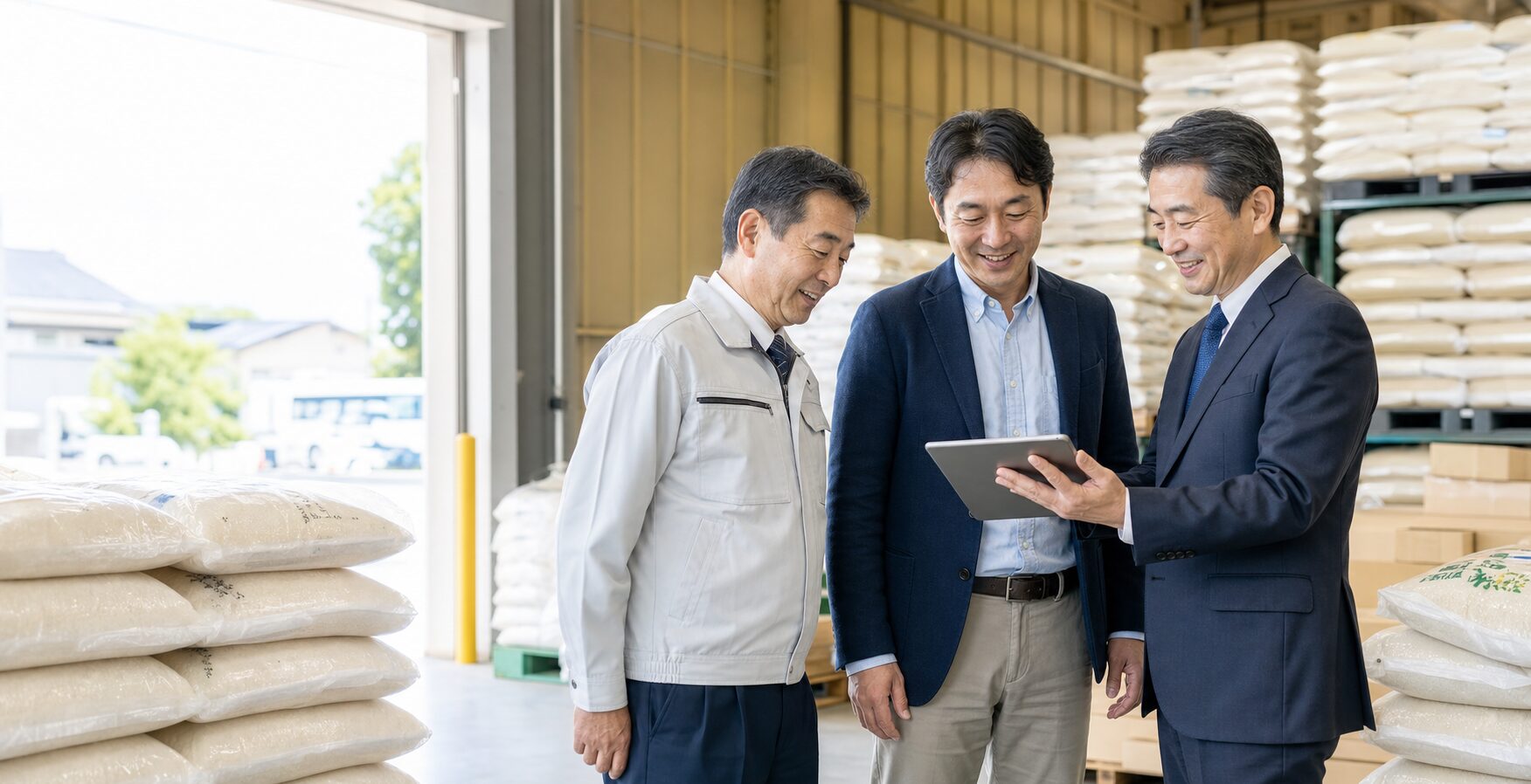 食品工場で事業承継について相談する経営者と専門家