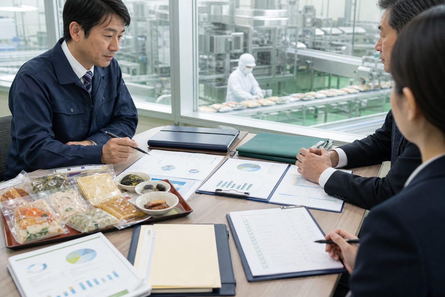 食品工場の資料と製品サンプルを確認しながら承継計画を打ち合わせる様子