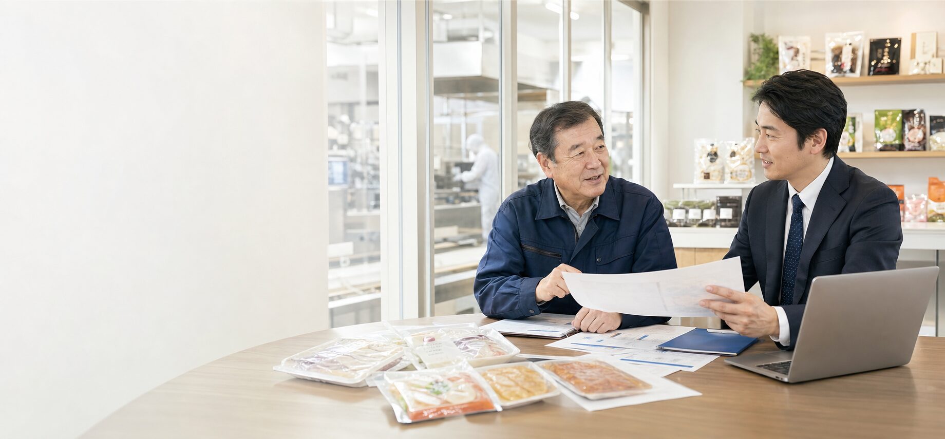 食品会社の経営者とM&Aアドバイザーが工場横の相談室で事業承継を相談する様子