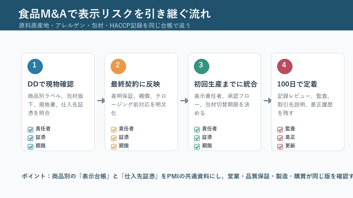 食品M&Aで表示リスクをDDから契約、PMIまで引き継ぐ流れ