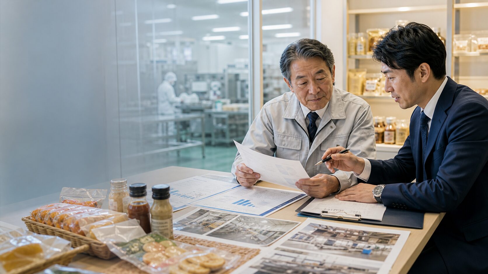 食品会社の承継相談で経営者とアドバイザーが資料を確認している様子