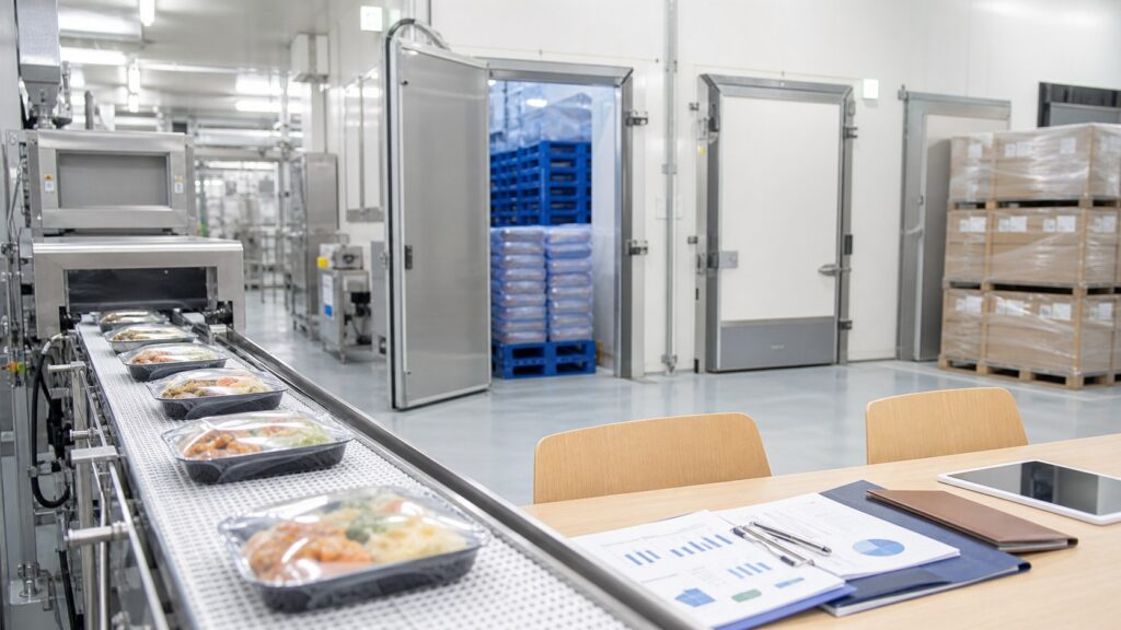 業務用冷凍食品M&Aをテーマにした冷凍食品工場と低温物流のイメージ