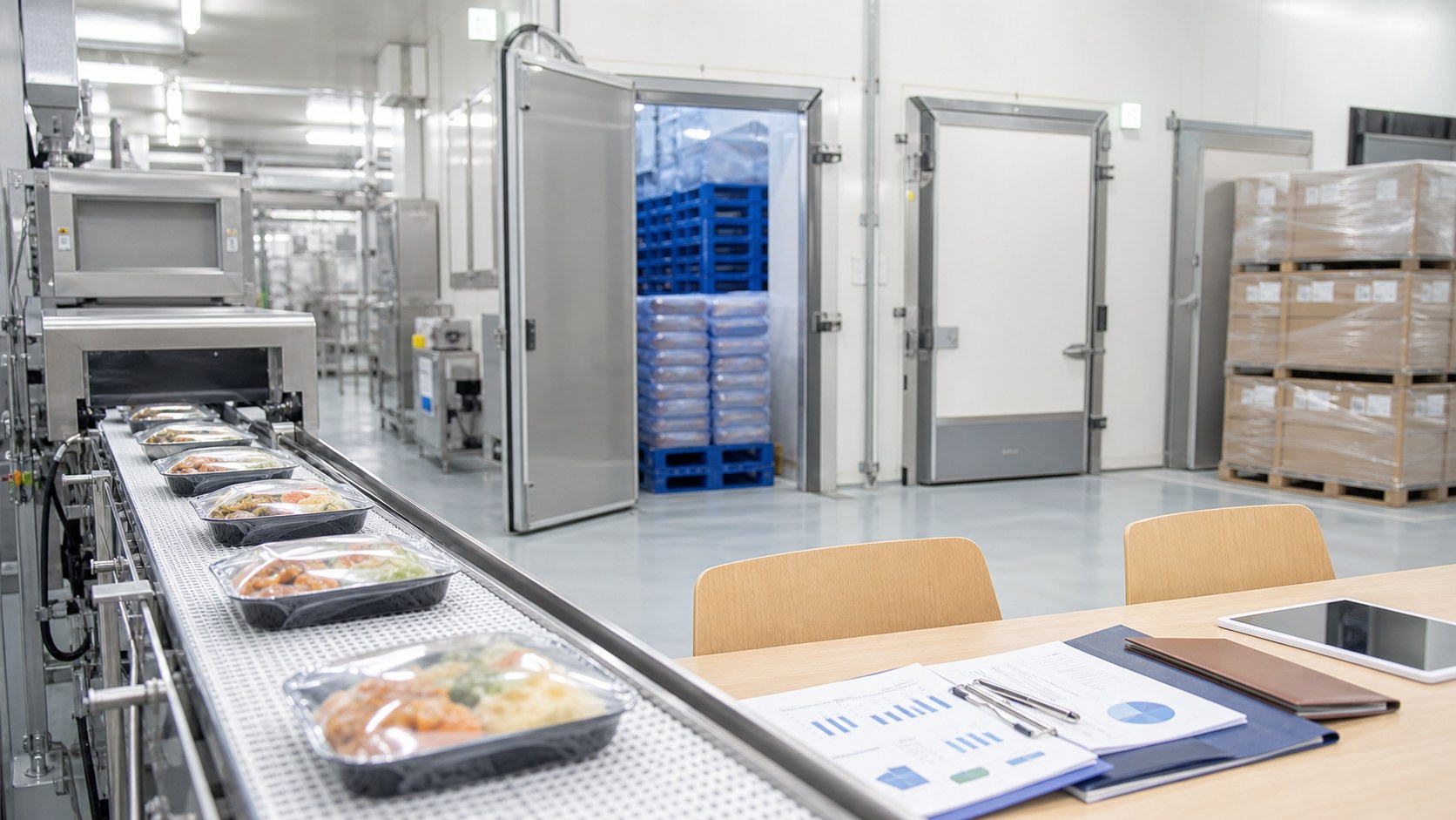 業務用冷凍食品M&Aをテーマにした冷凍食品工場と低温物流のイメージ