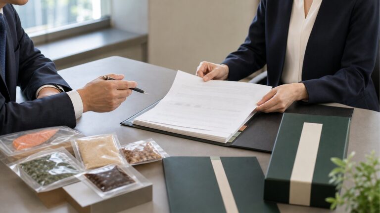 食品会社の匿名相談で秘密保持契約資料と食品サンプルを確認する様子