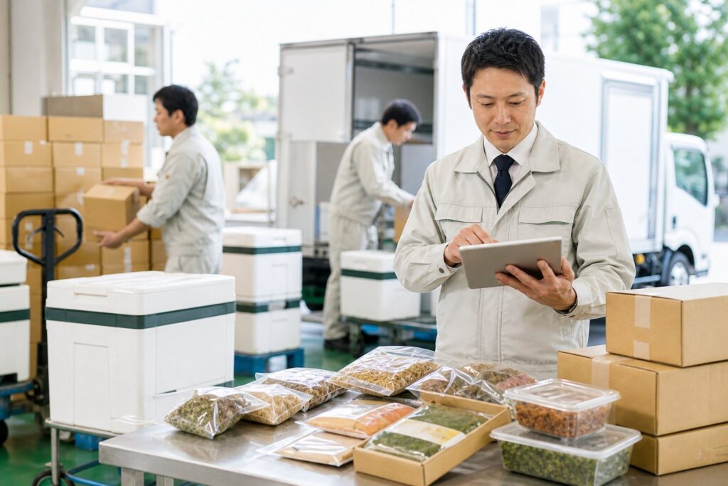 食品会社の出荷エリアで商品と配送箱を確認する様子