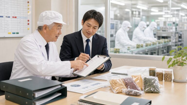 食品工場でオーナーとアドバイザーが従業員承継の資料を確認する様子