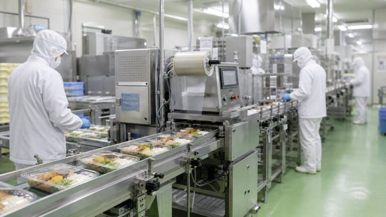 食品工場の製造ラインで包装済み食品が流れる様子