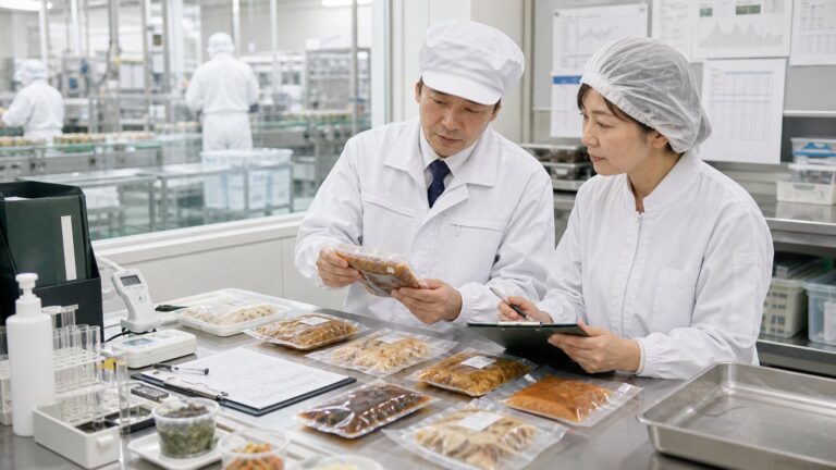 食品会社の品質管理担当者が製品サンプルを確認する様子