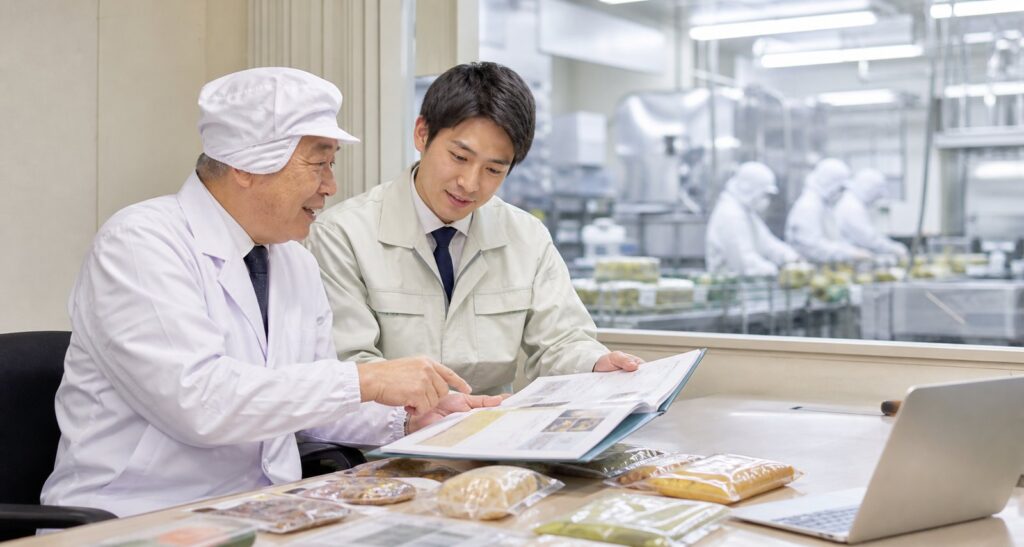 食品工場でオーナーと後継者が承継資料を確認する様子