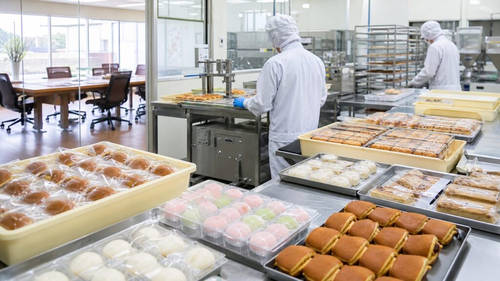 菓子製造M&Aをテーマにした清潔な菓子工場と包装工程のイメージ