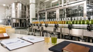 飲料製造M&Aをテーマにした清潔な飲料工場と事業承継検討資料のイメージ