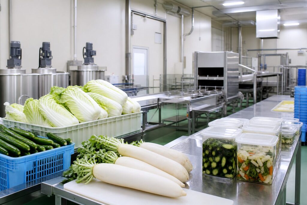 漬物製造M&Aをテーマにした清潔な漬物工場と原料野菜の製造ライン
