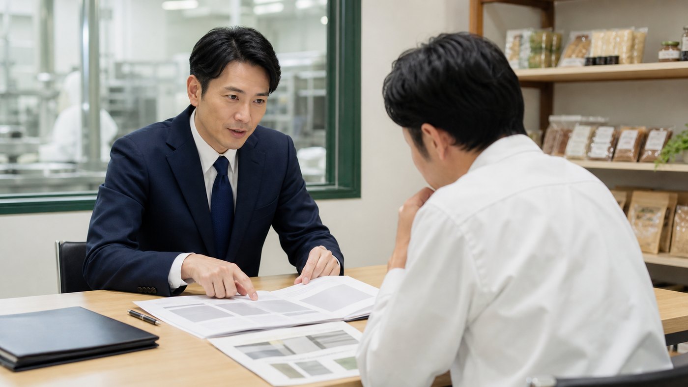 食品会社のオーナーが個室で秘密保持を前提に相談している様子