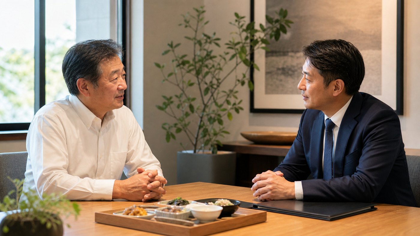 食品会社オーナーが無料相談で事業承継について相談する様子