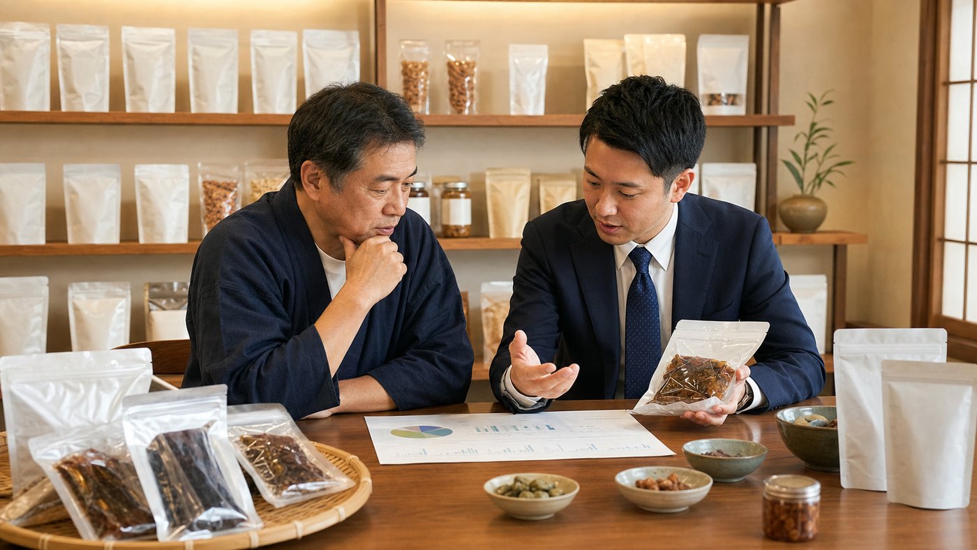 食品会社の商品ラインアップと販路を確認している様子