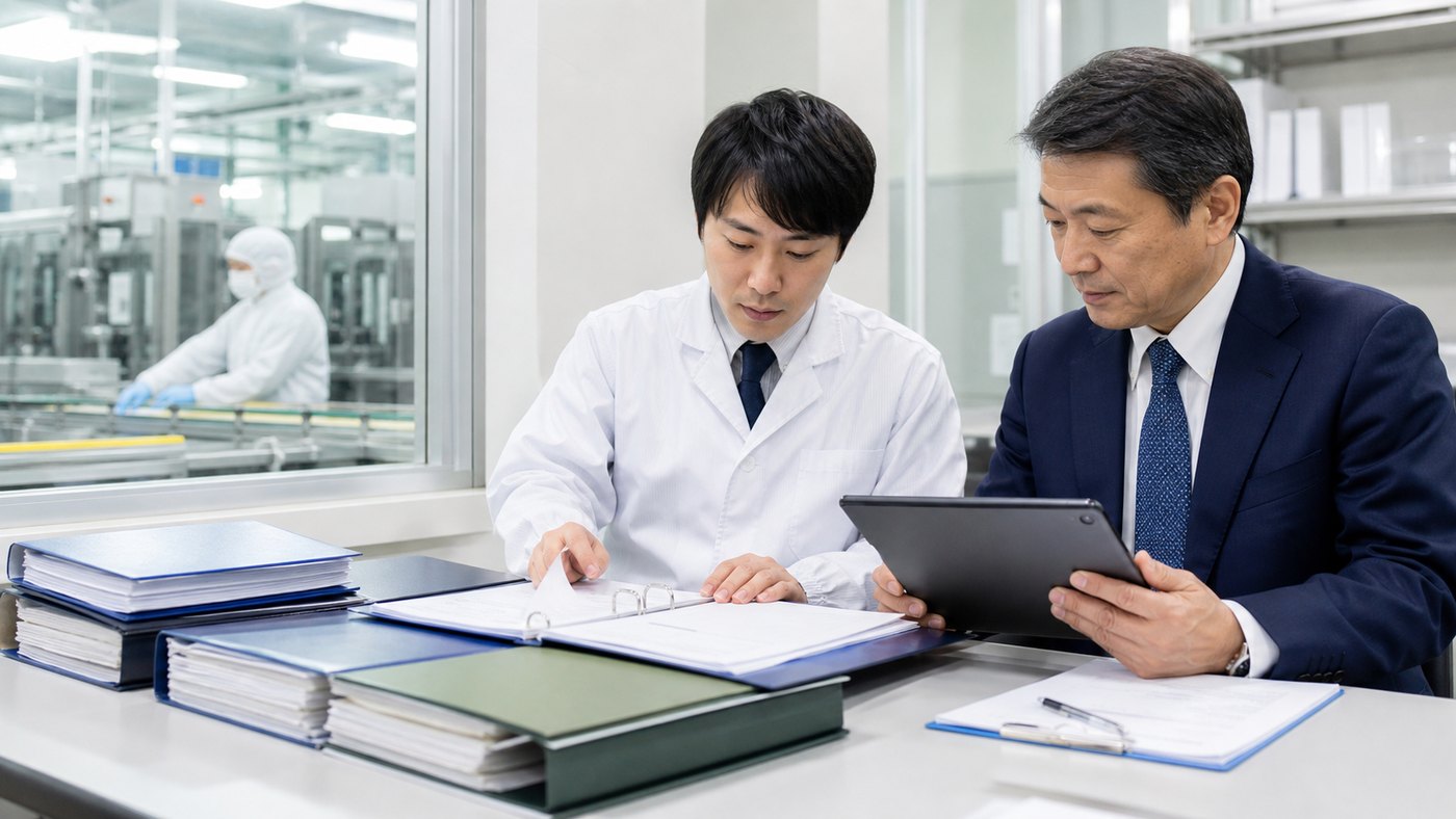 食品工場の品質記録と製造ラインを確認している様子
