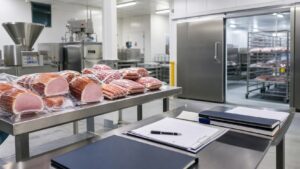 食肉加工M&Aをテーマにした清潔な加工場と冷蔵物流、事業承継資料のイメージ