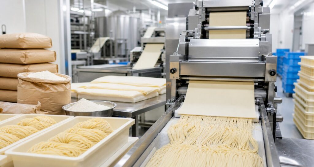 製麺M&Aをテーマにした清潔な製麺工場と麺の製造ラインのイメージ