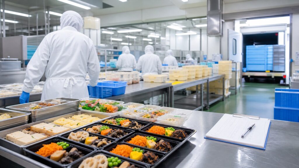惣菜製造M&Aをテーマにした清潔な惣菜工場と出荷前検品のイメージ