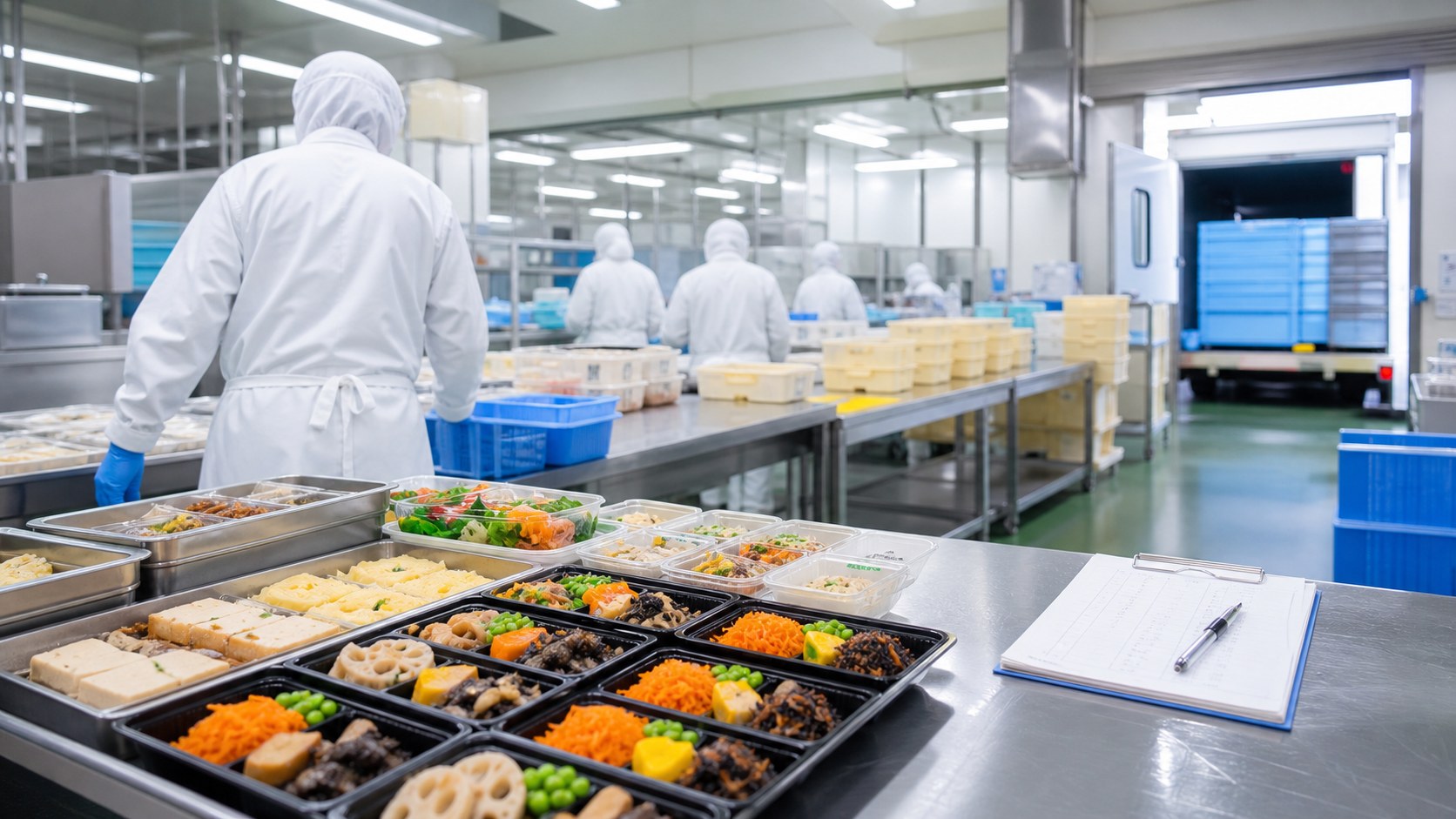 惣菜製造M&Aをテーマにした清潔な惣菜工場と出荷前検品のイメージ
