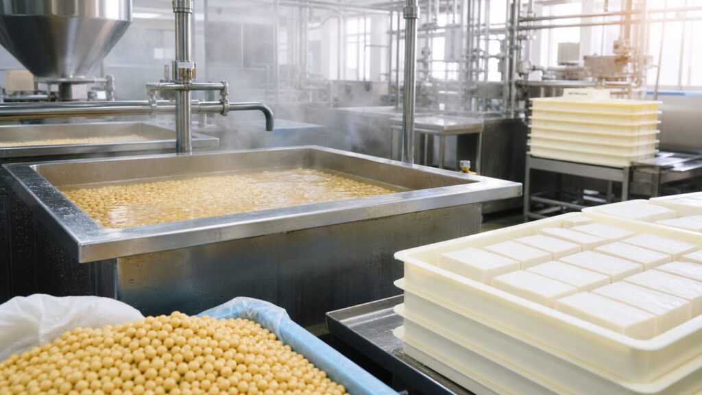 豆腐製造M&Aをテーマにした清潔な豆腐工場と大豆、製造設備のイメージ