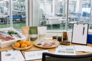 九州 食品M&Aをテーマにした食品工場と地域食品サンプルの商談風景
