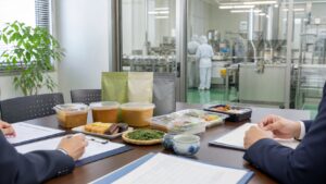 東海 食品M&Aをテーマにした食品工場と地域食品サンプルの商談風景