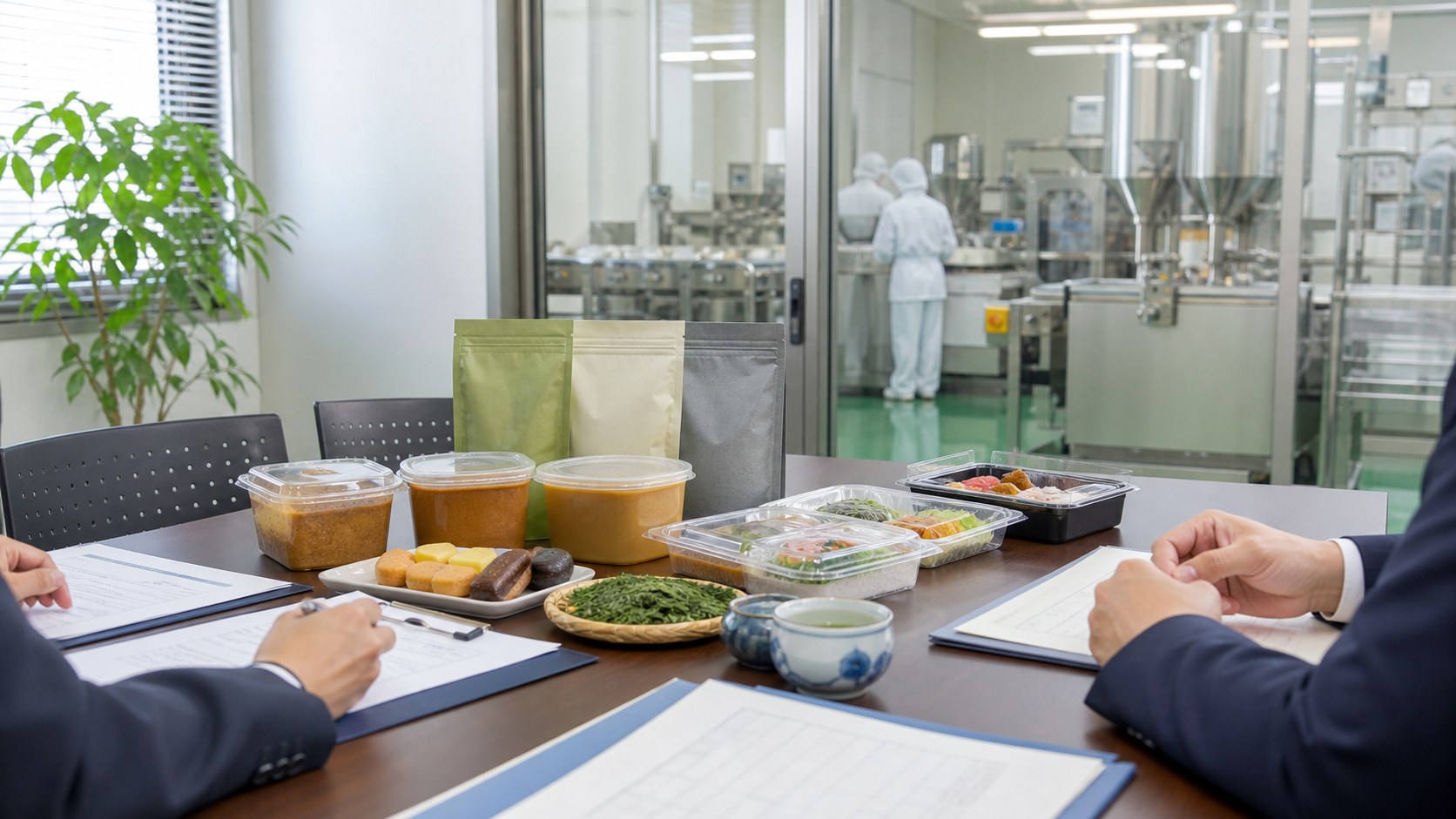 東海 食品M&Aをテーマにした食品工場と地域食品サンプルの商談風景